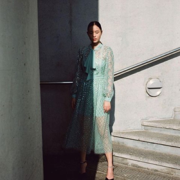 Self Portrait | Nwot Sage Green Grid Sequin Dress Us4